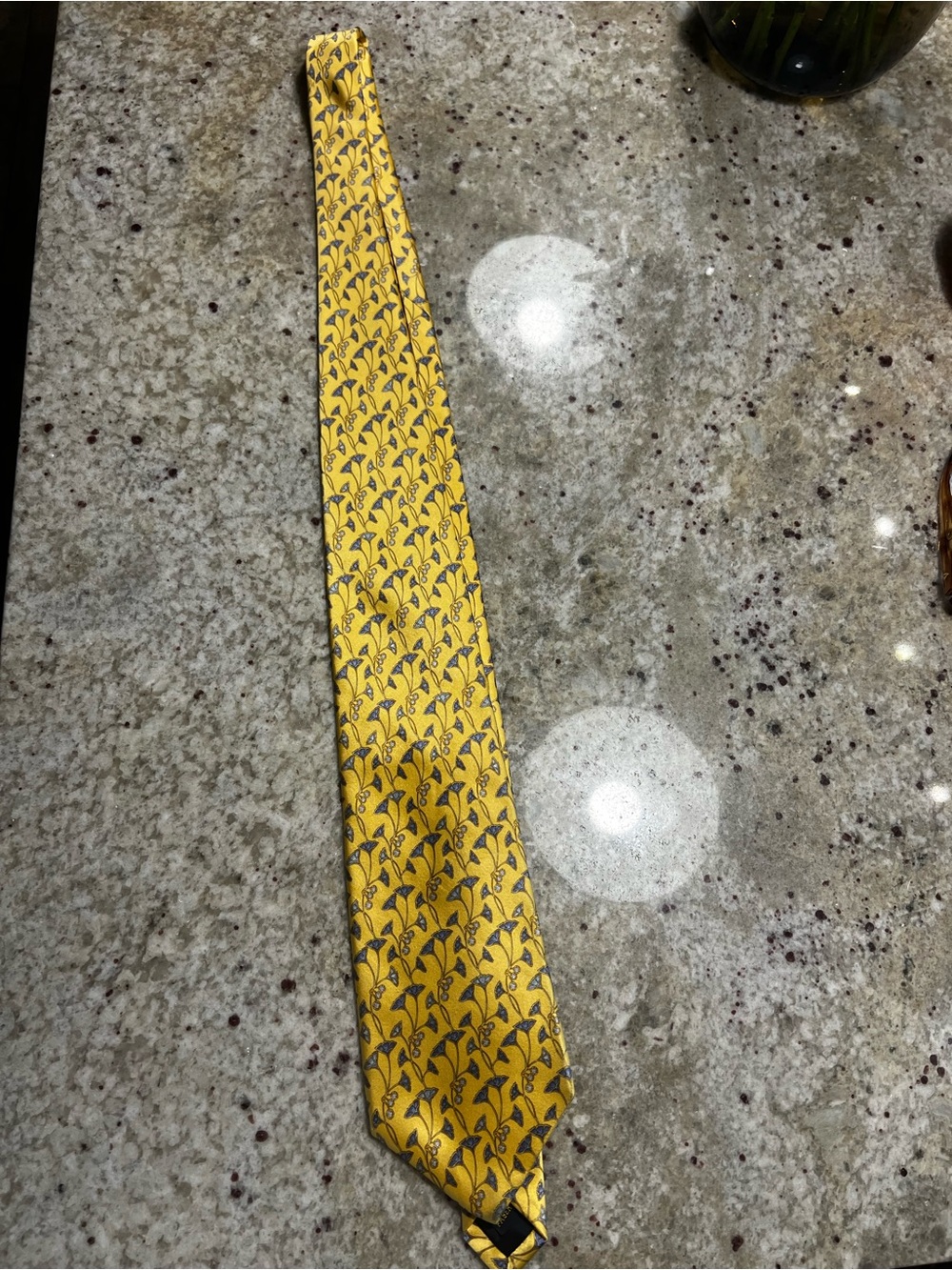 Faberge Yellow Tie with Blue Leaf Motif